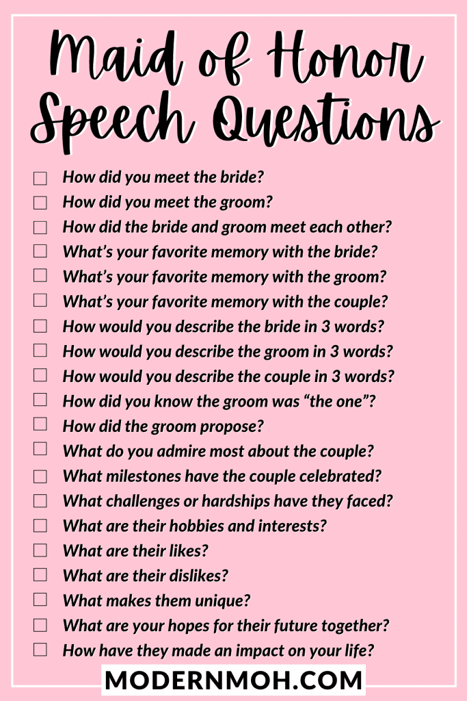 maid of honor speech questions list