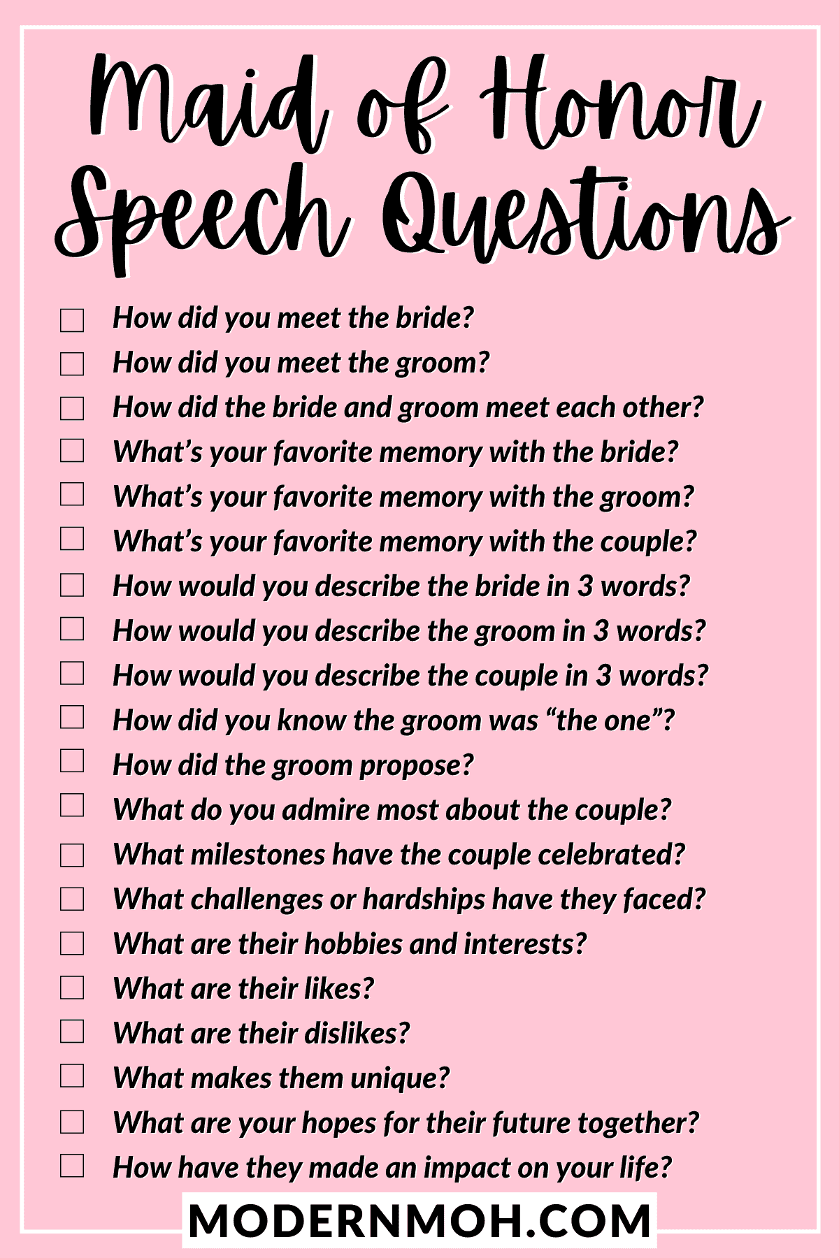 24 Questions to Help you Write Your Maid of Honor Speech  Modern MOH