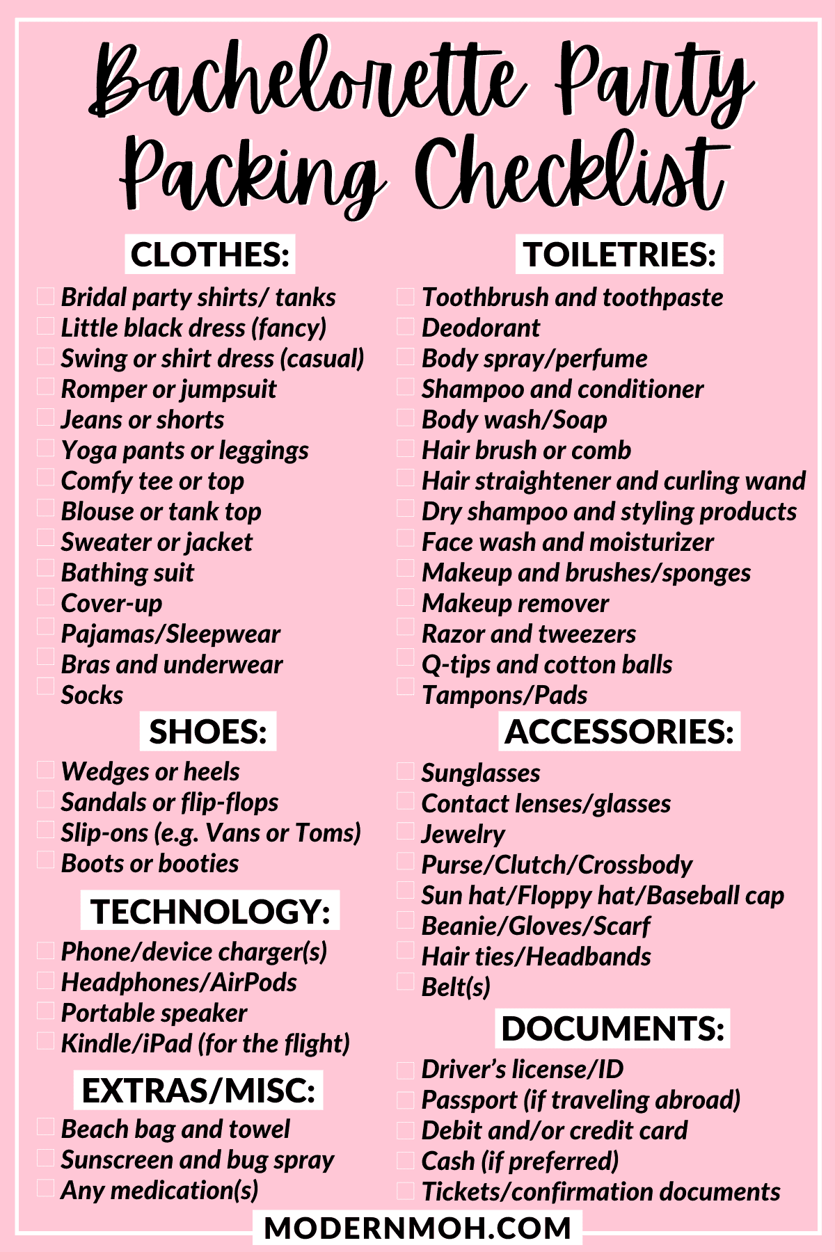 The Ultimate Bachelorette Party Packing List | Modern MOH