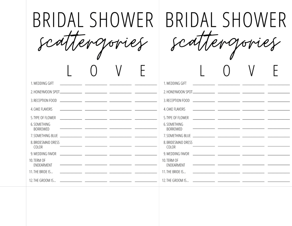 free bridal shower scattergories