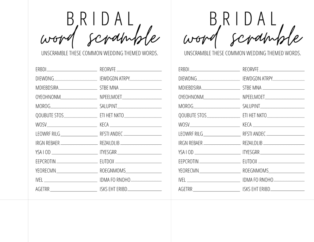 free bridal shower word scramble