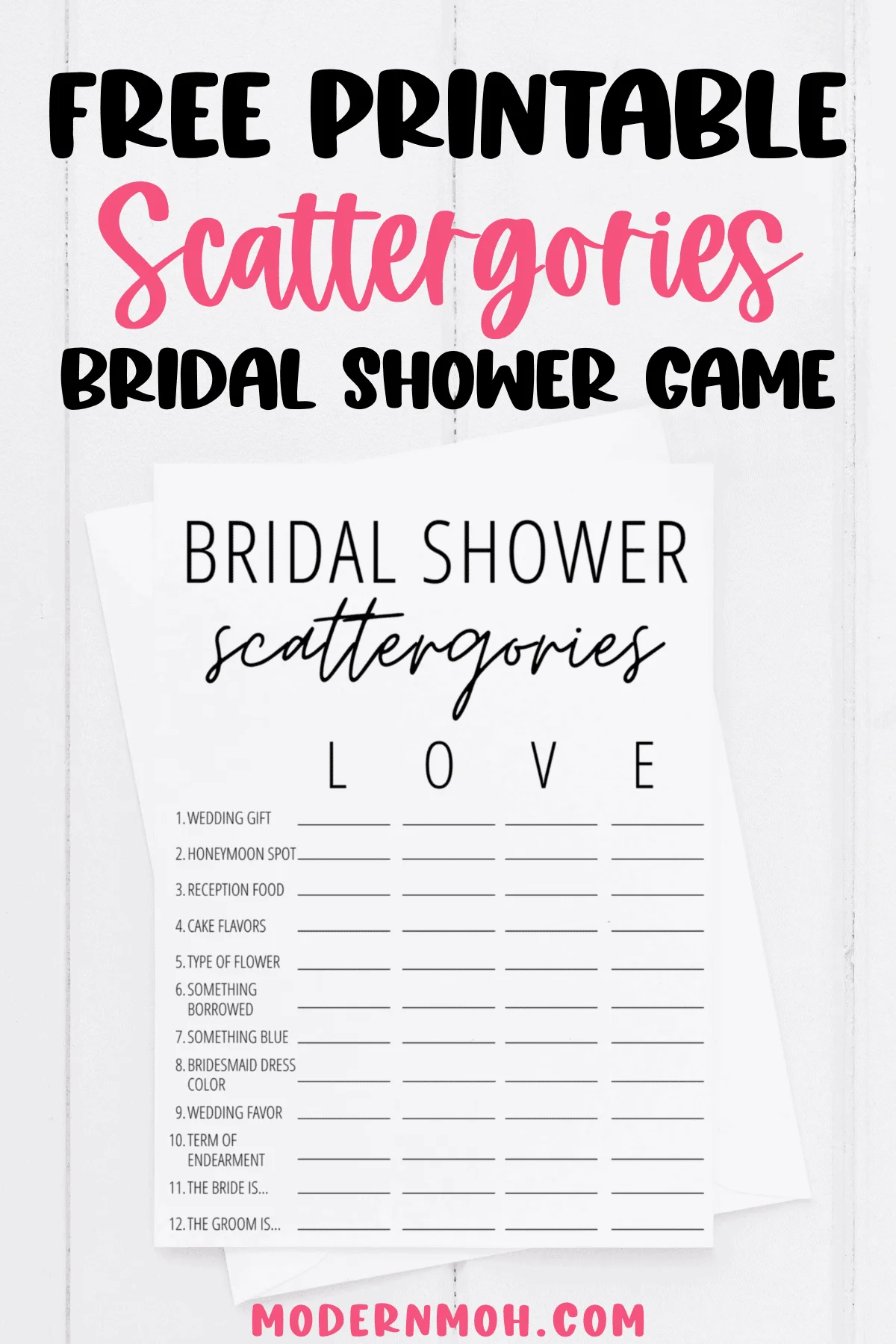 Bridal Shower Scattergories Free Printable | Modern MOH