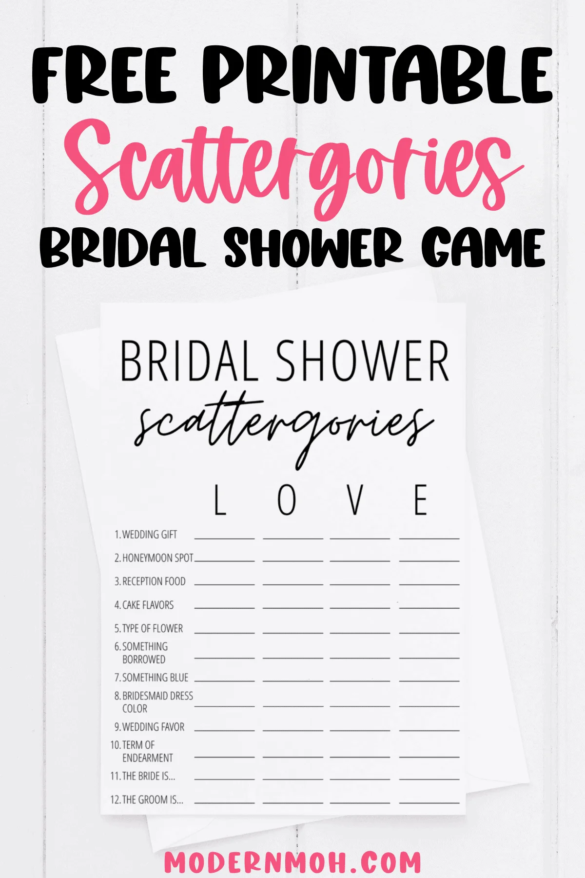 Bridal Shower Scattergories Free Printable