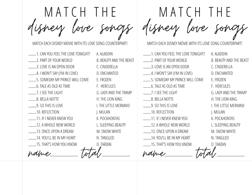 Disney Love Songs Game Free Printable