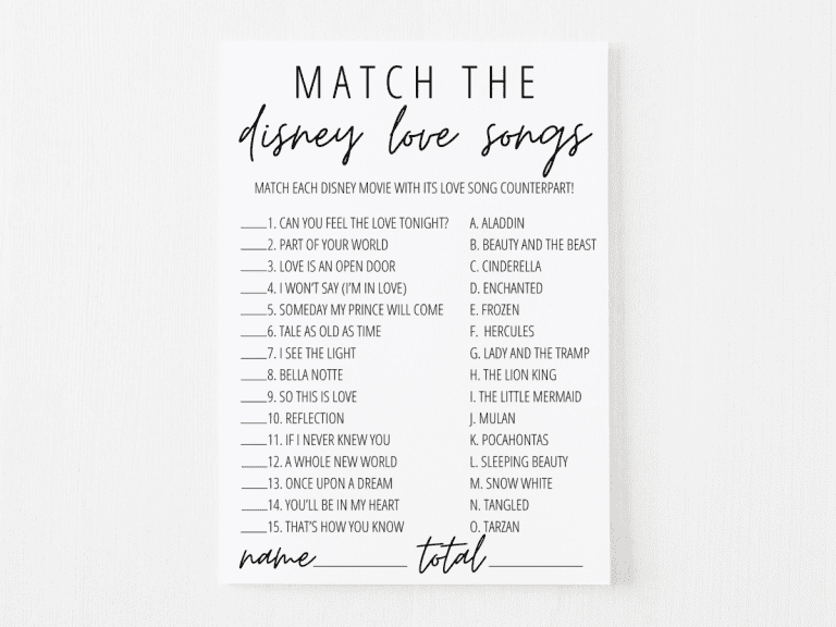disney love songs game printable
