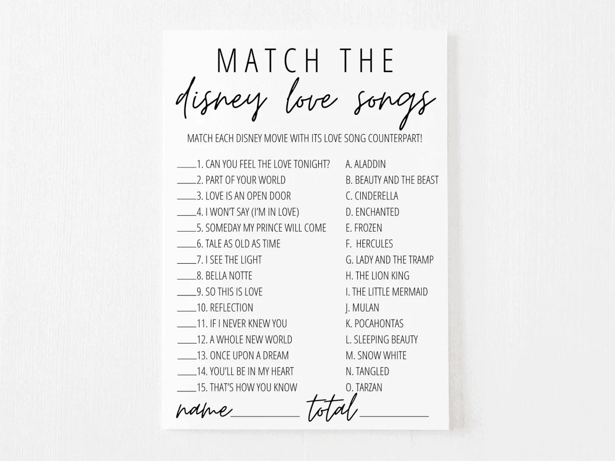 disney love songs game printable