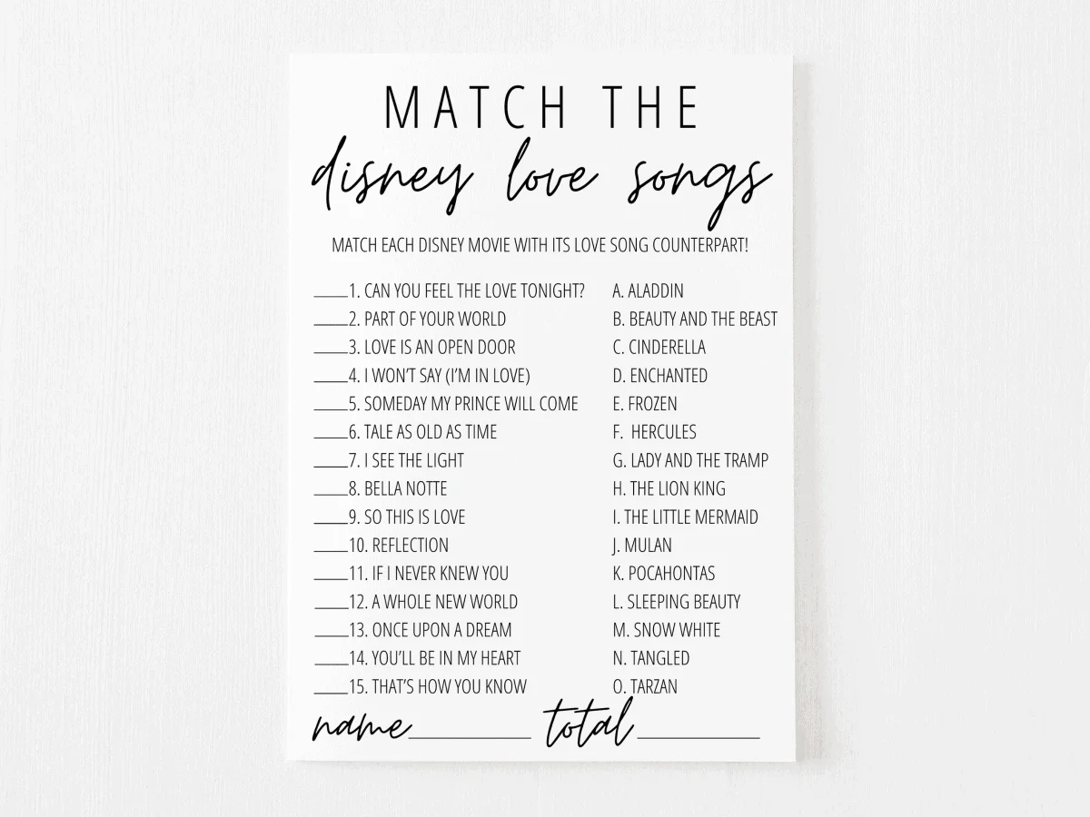 Disney Love Songs Game Free Printable | Modern MOH