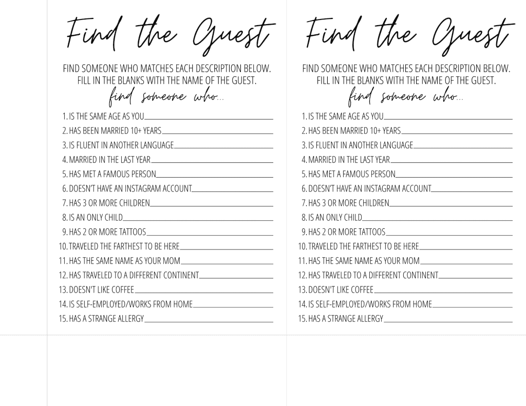 Find the Guest Bridal Shower Game find the guest bridal shower game