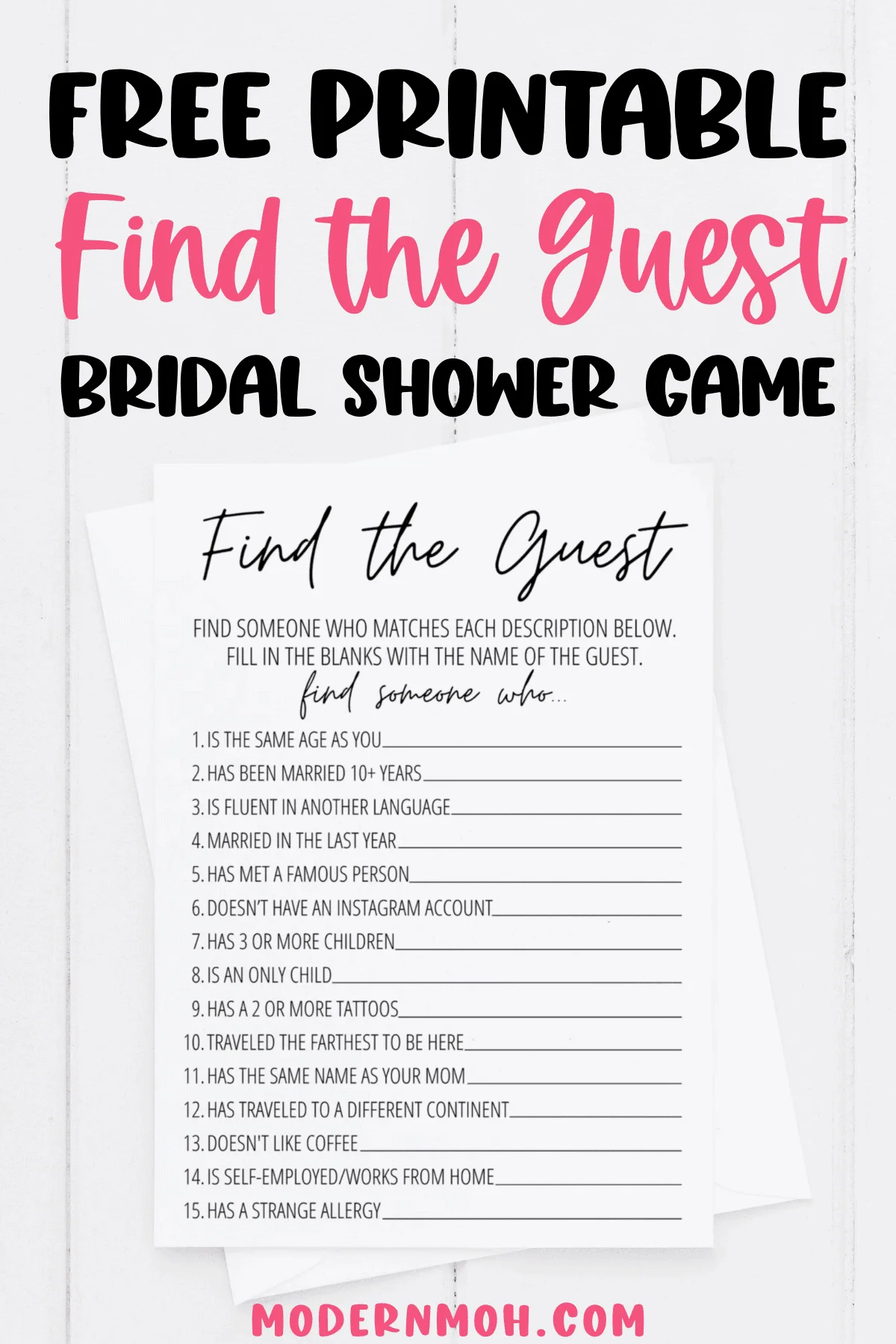 Find The Guest Bridal Shower Game Free Printable Modern MOH