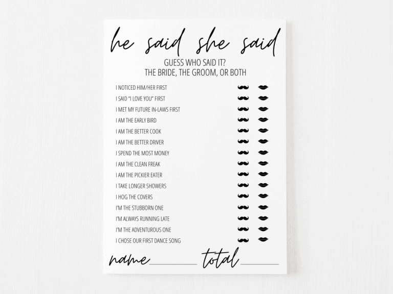 he said she said bridal shower game printable