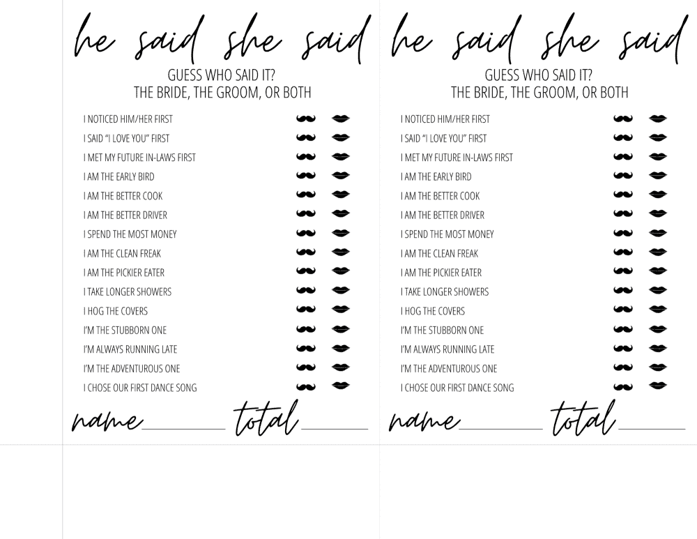He Said She Said Bridal Shower Game Free Printable | Modern MOH