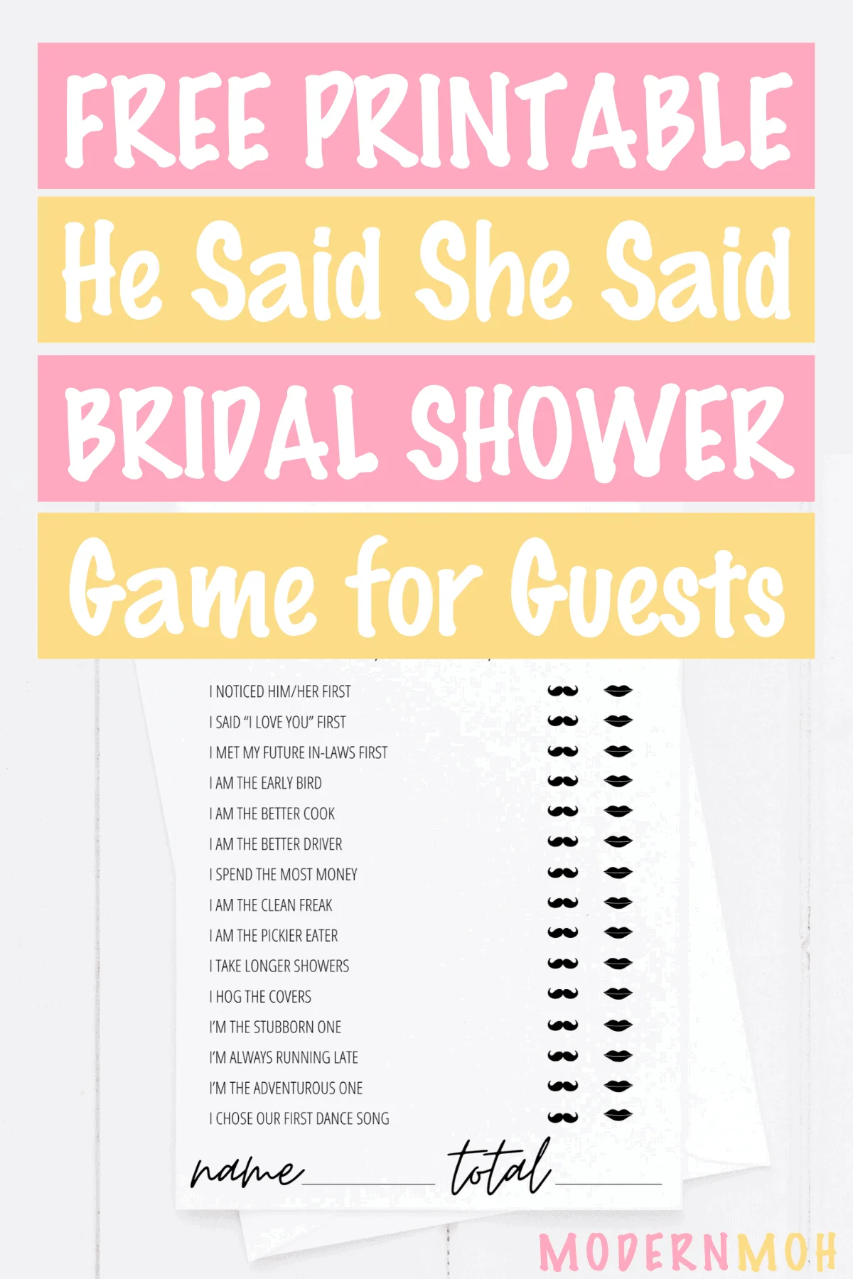 He Said She Said Bridal Shower Game Free Printable Modern MOH