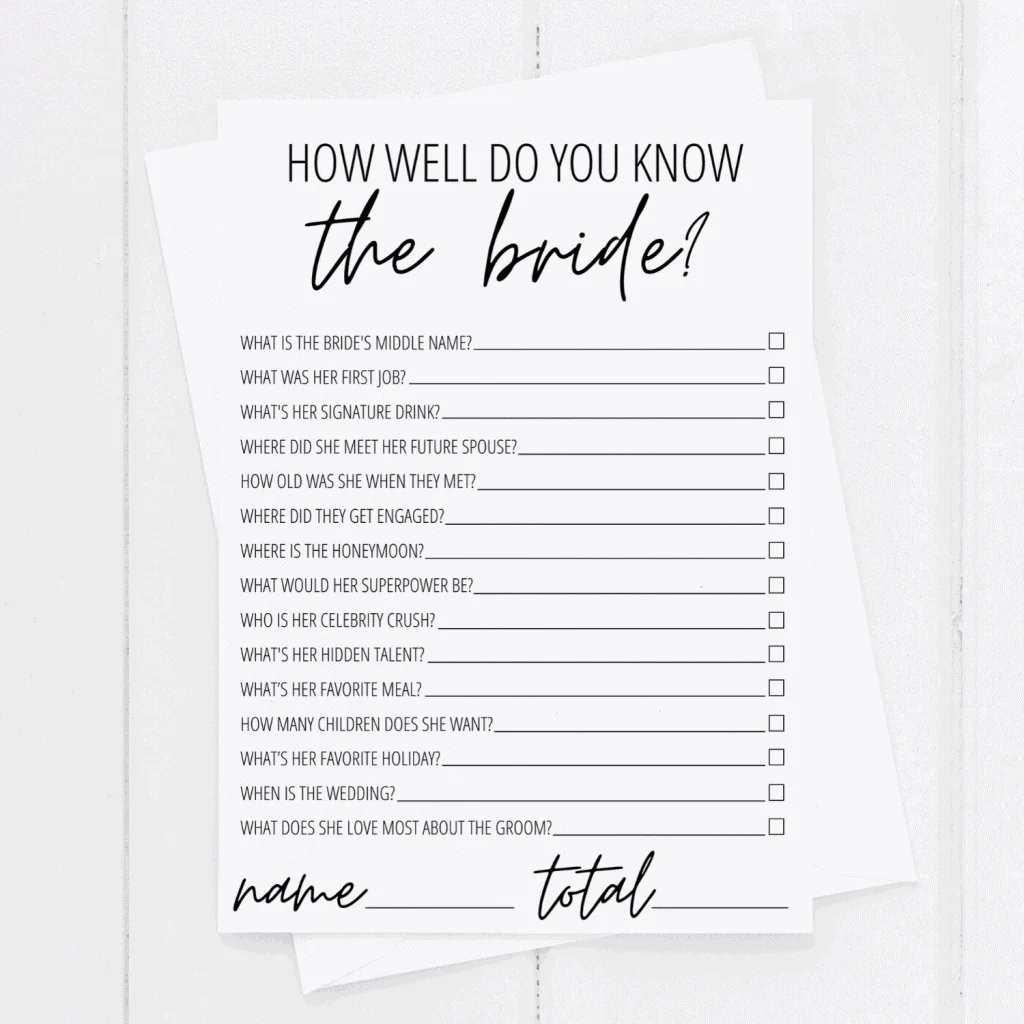 How Well Do You Know the Bride? Free Printable Modern MOH