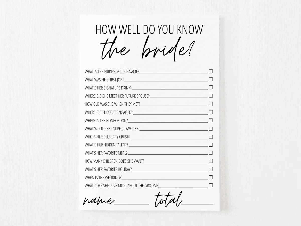 How Well Do You Know the Bride? Free Printable | Modern MOH