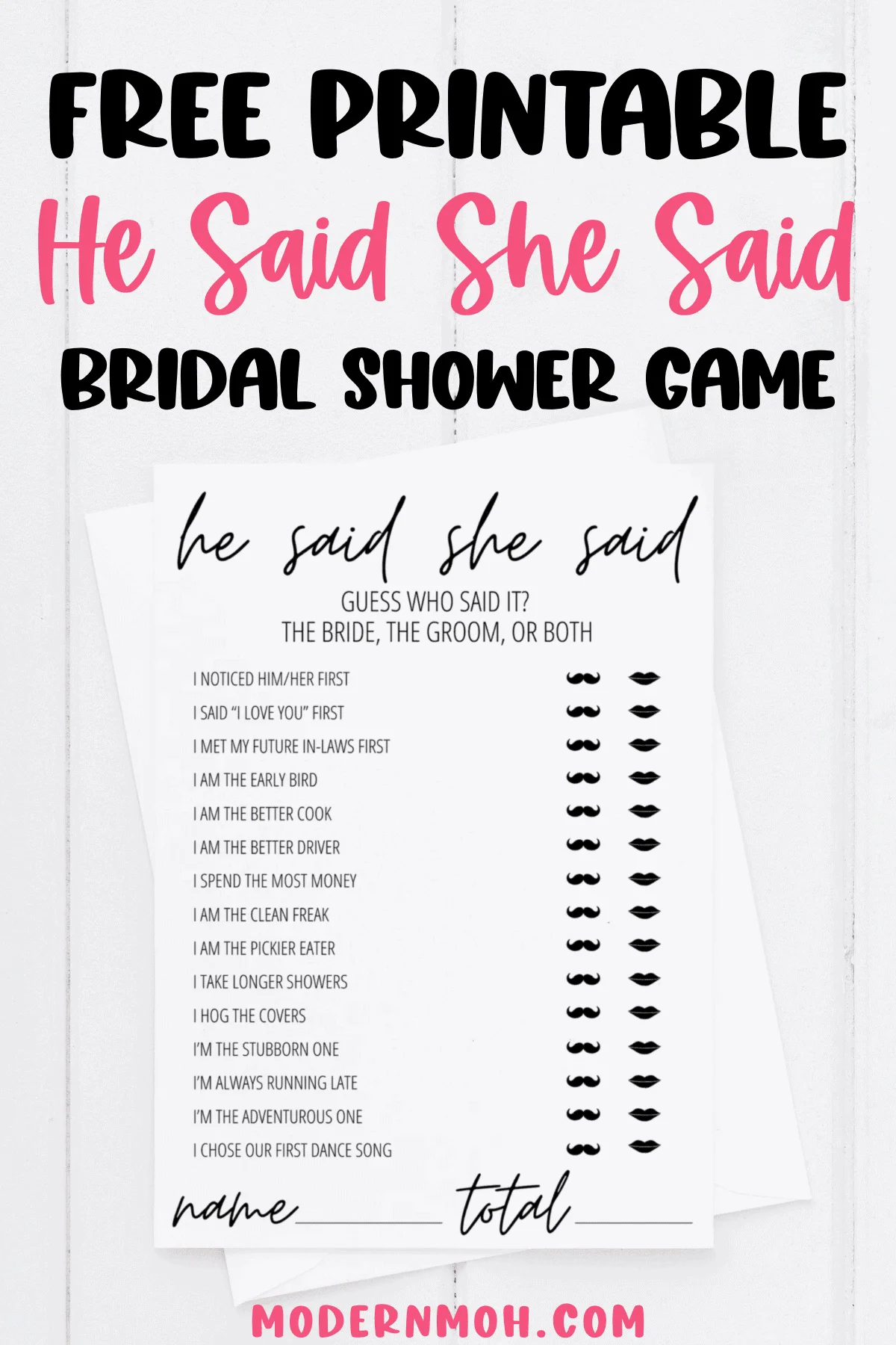 He Said She Said Bridal Shower Game Free Printable