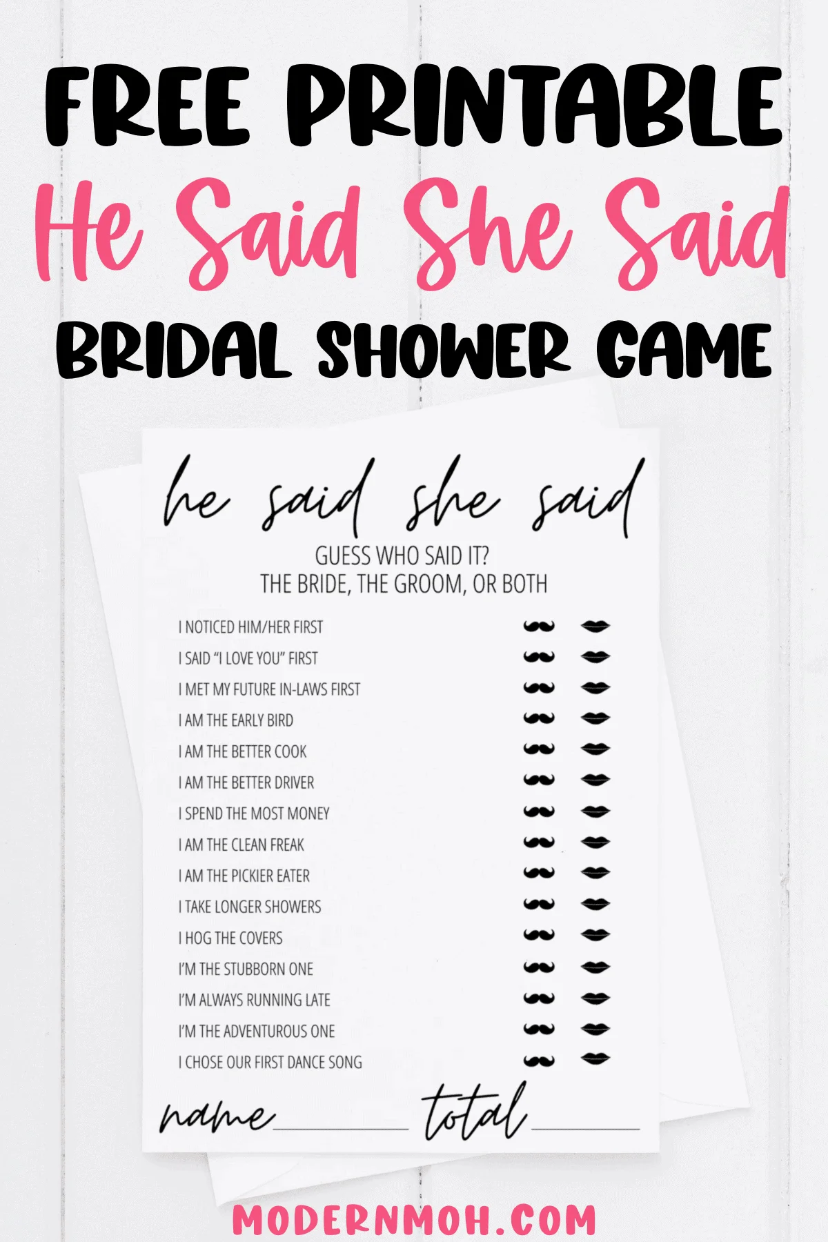 He Said She Said Bridal Shower Game Free Printable Modern MOH