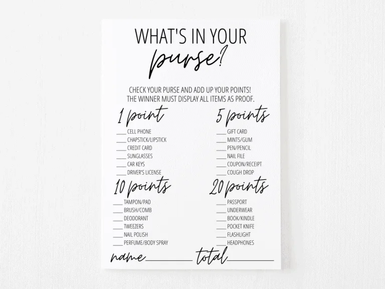 whats in your purse bridal shower game printable