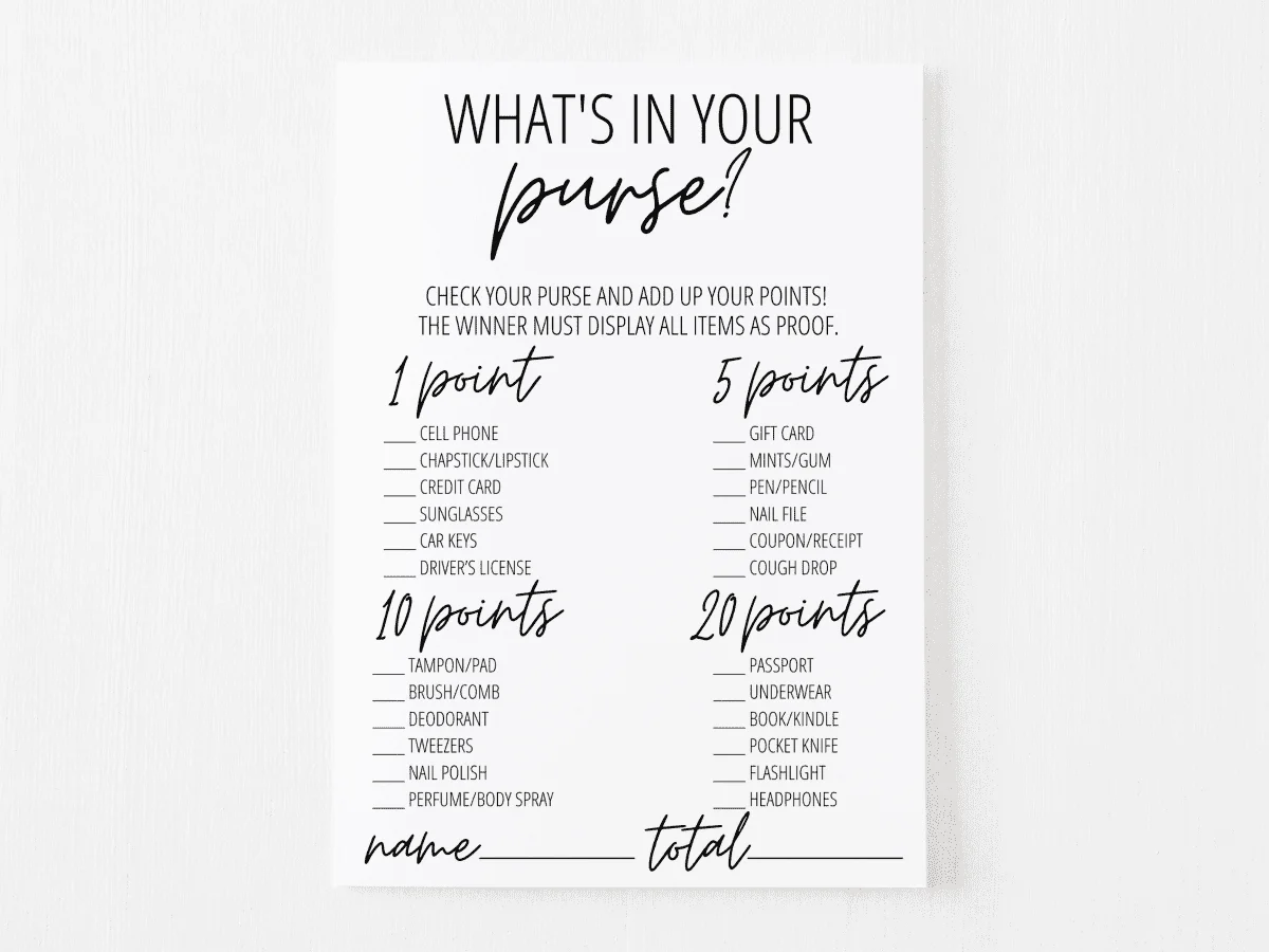 What's In Your Purse Bridal Shower Game Printable - Pink – Droo & Aya