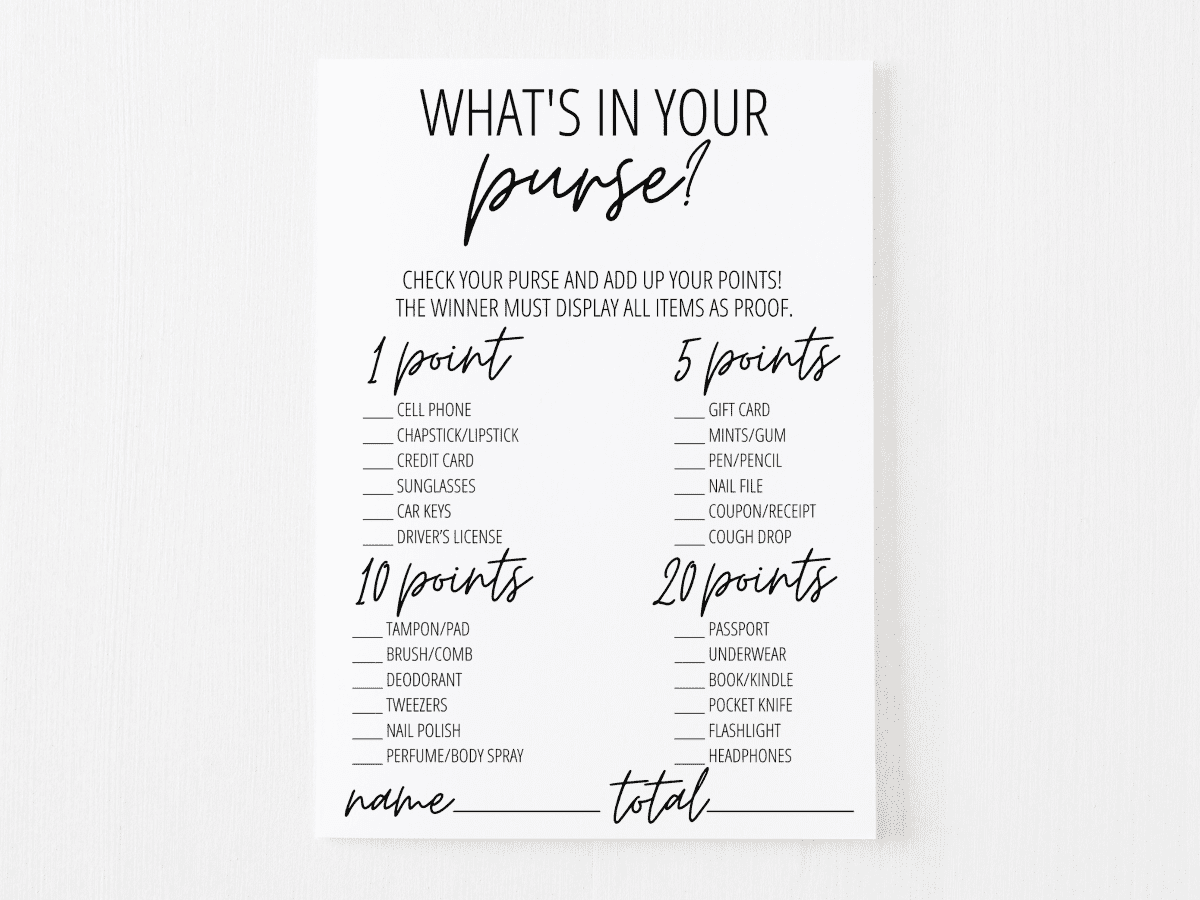 Whats In Your Purse Game Shop Printable Bridal Shower Games