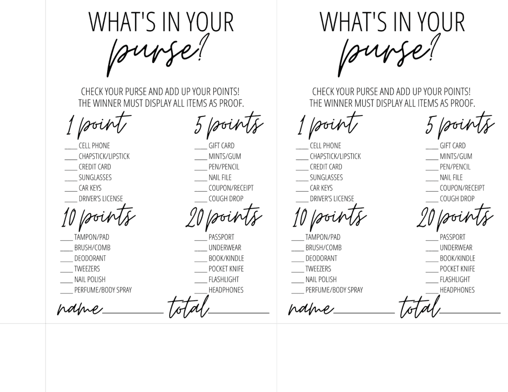 What's In Your Purse Bridal Shower Game Printable – Droo & Aya