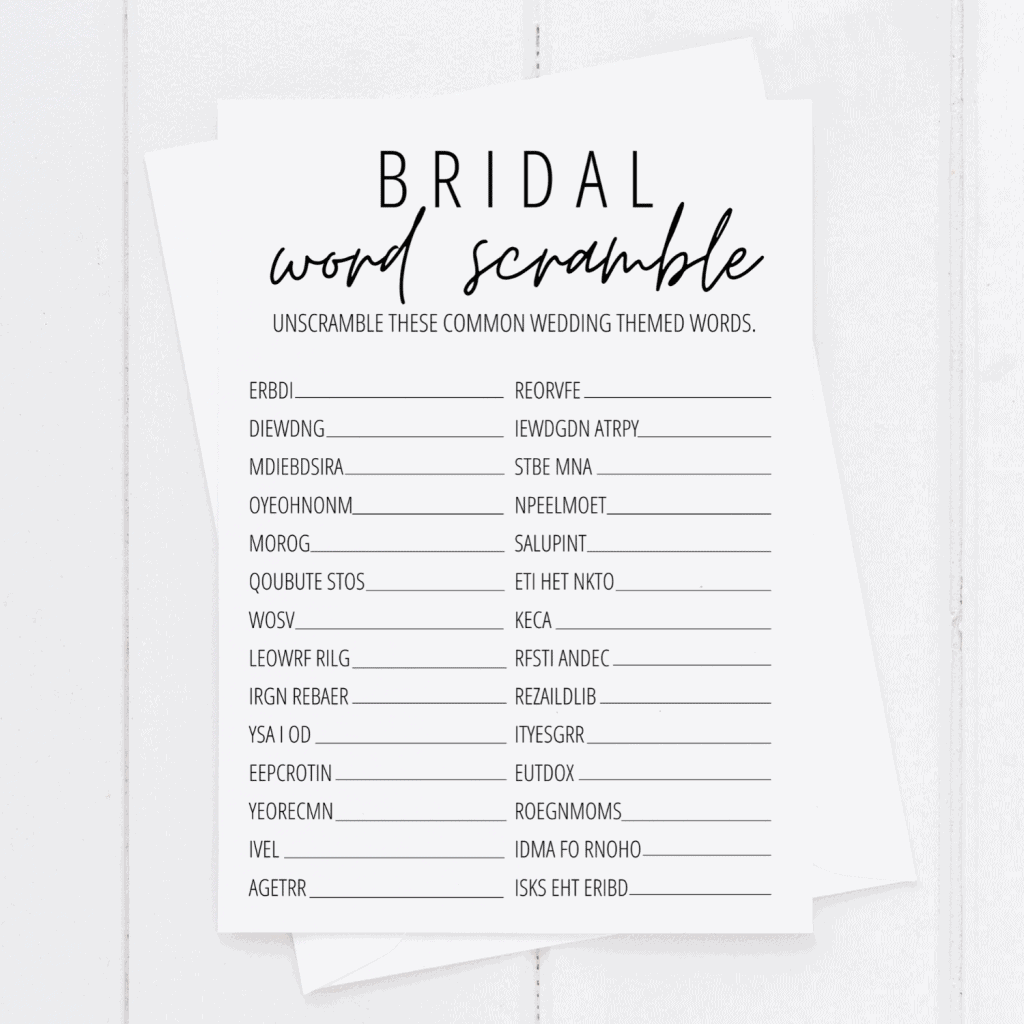 Bridal Shower Word Scramble Free Printable Modern MOH