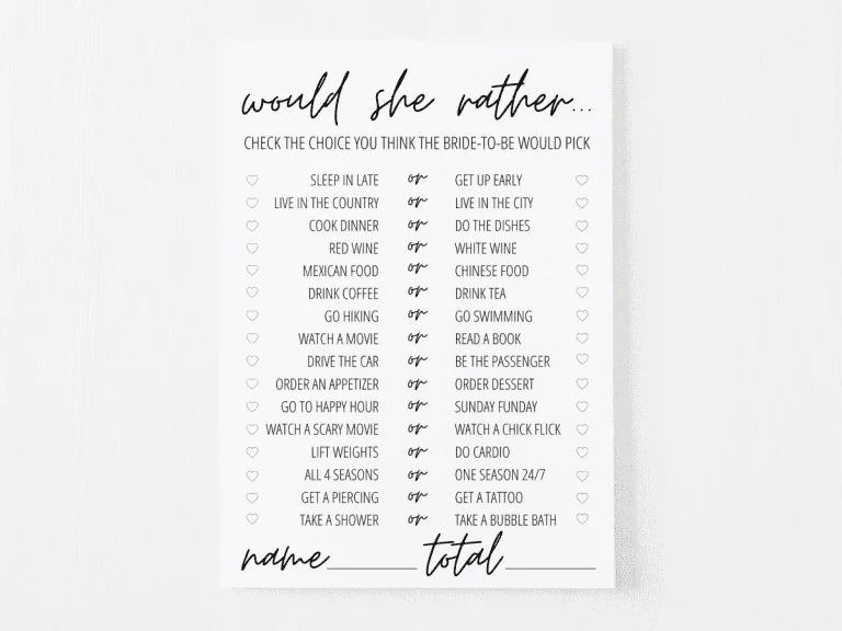 would she rather bridal shower game printable