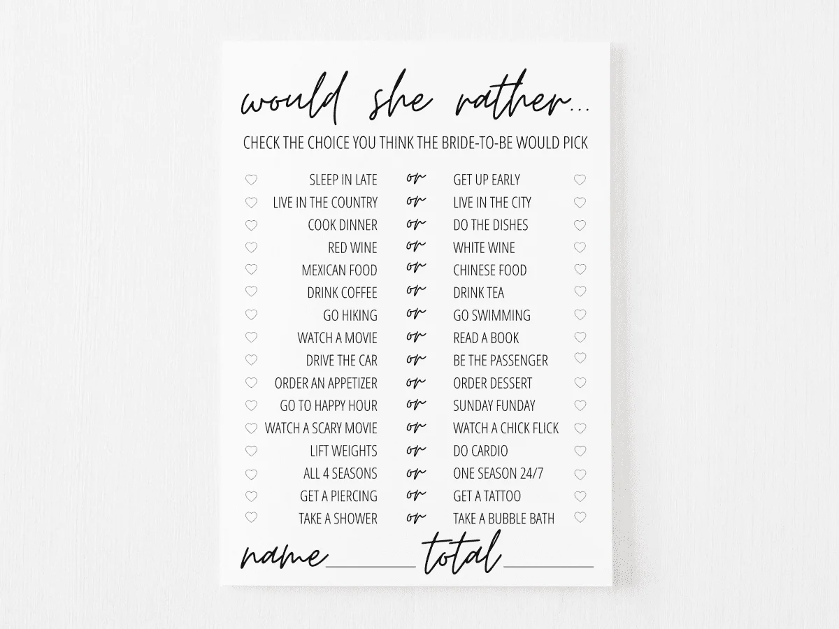 would she rather bridal shower game printable