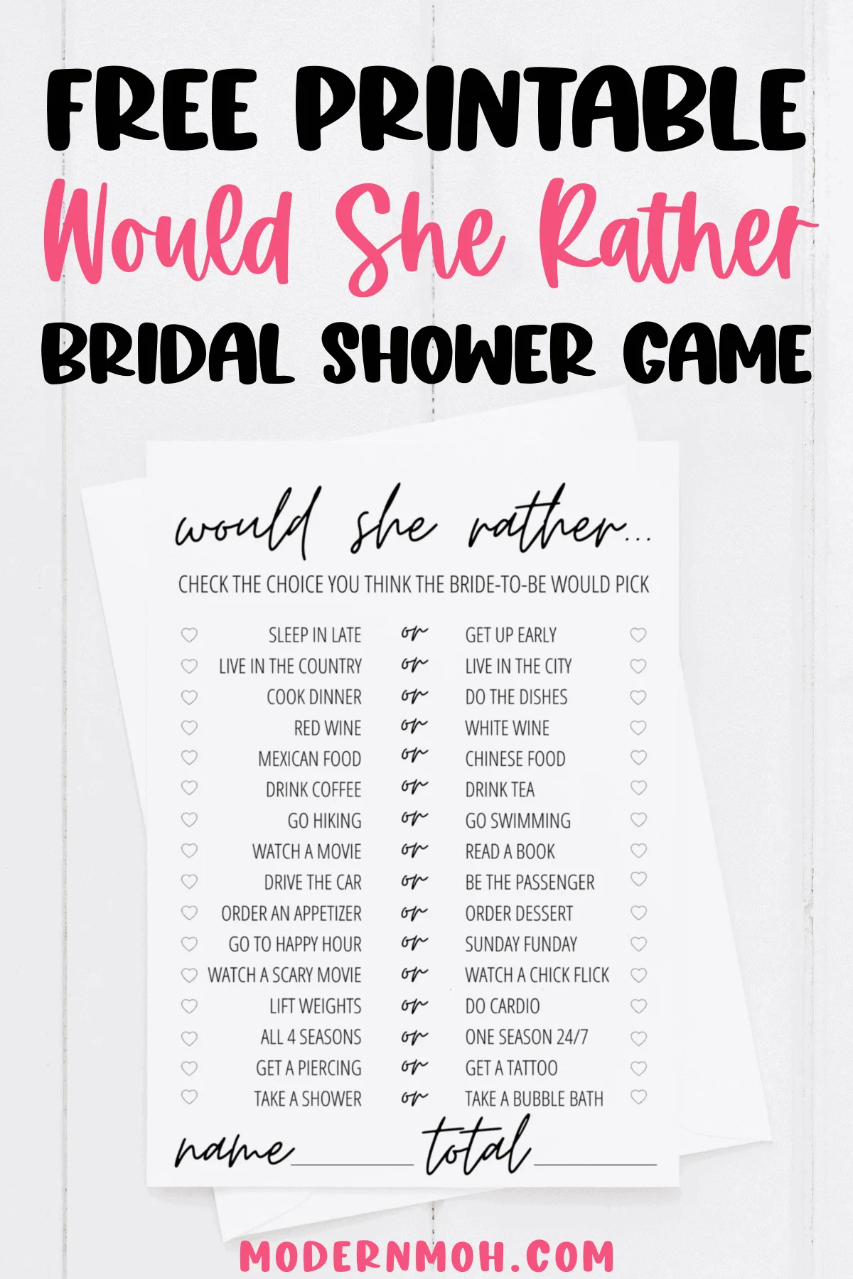 Would She Rather Bridal Shower Game Free Printable Modern Moh