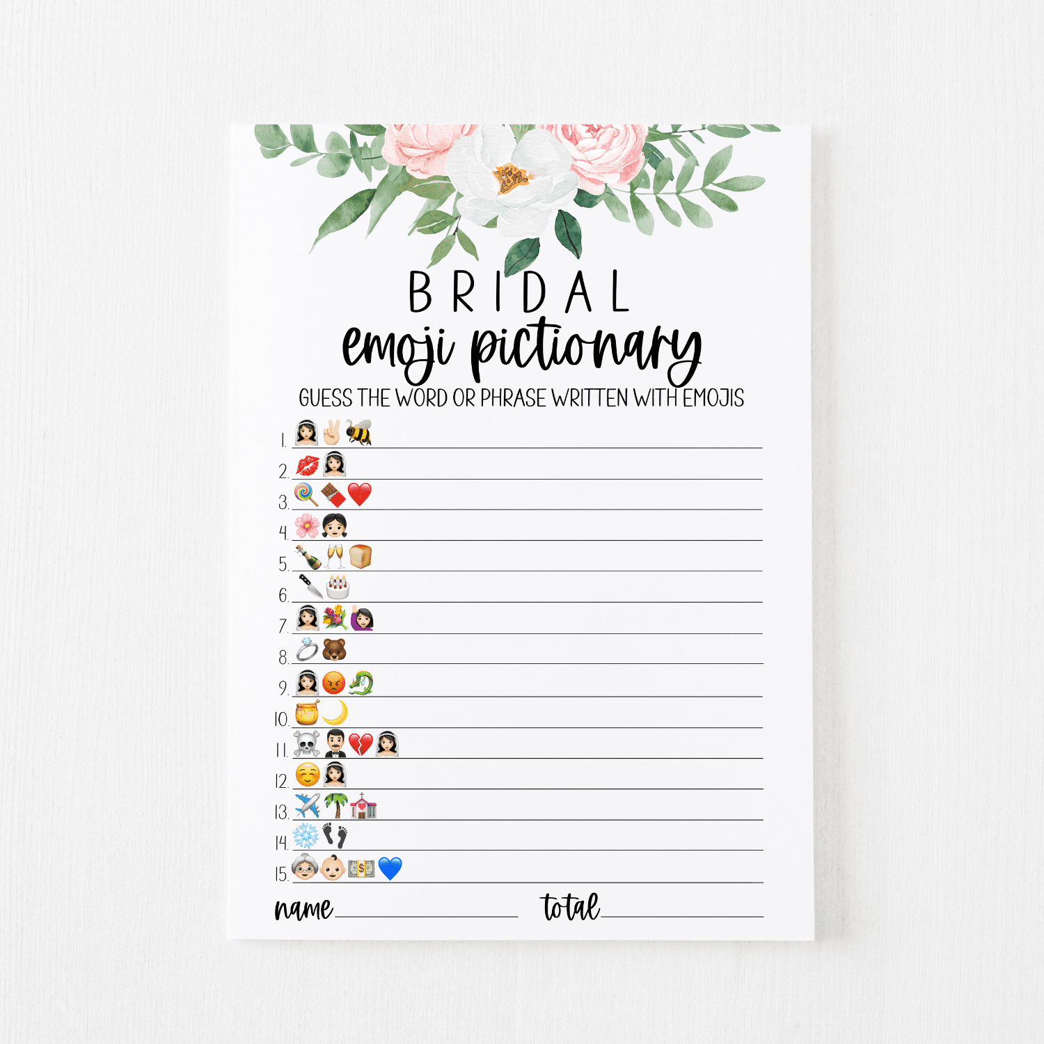 Bridal Emoji Pictionary Cards (Greenery) - Modern MOH