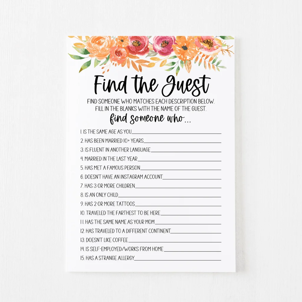 Printable Find The Guest Bridal Shower Game Instant 41 Off