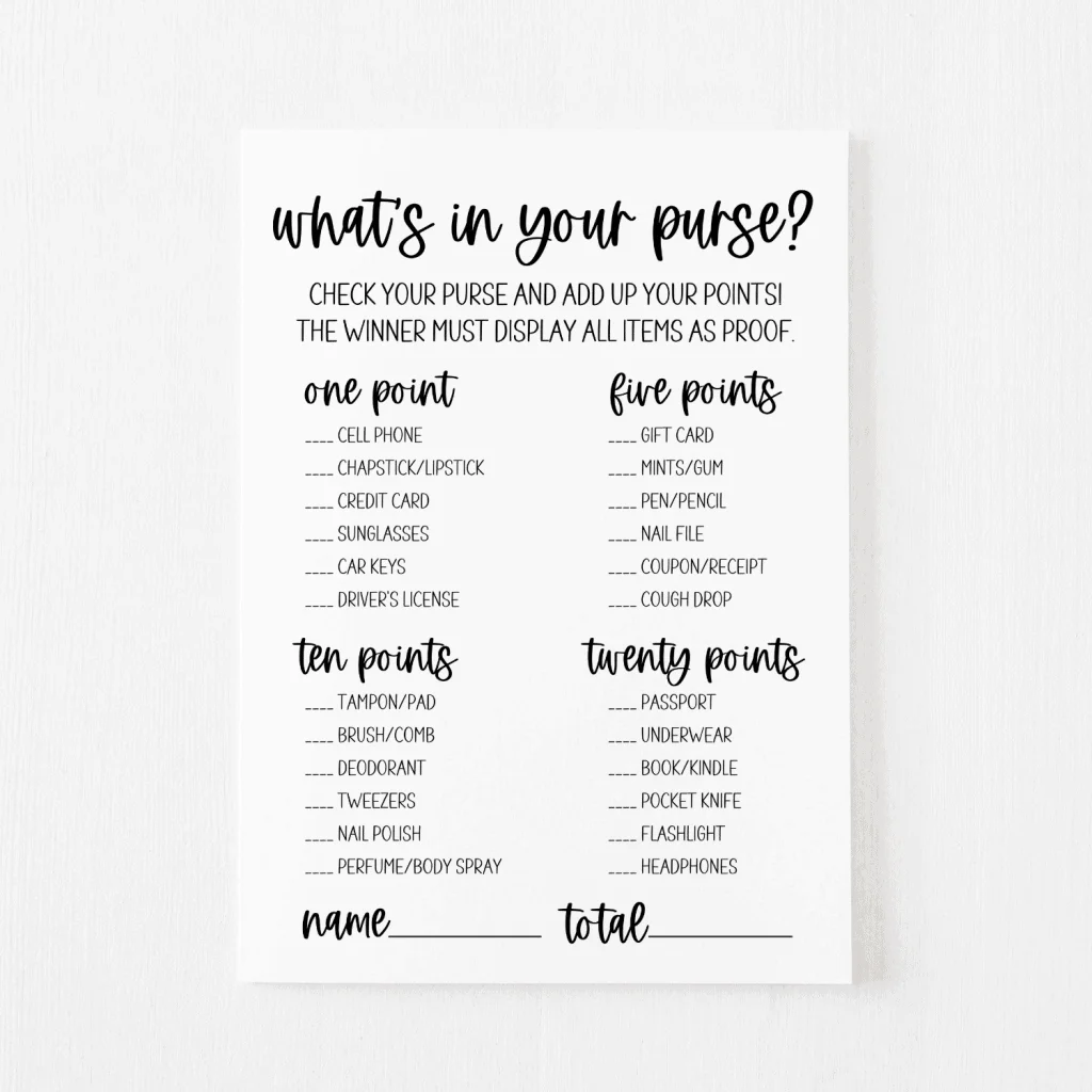 Free Printable Purse Scavenger Hunt Game – Great for a baby shower or bridal  shower - Spot of Tea Designs