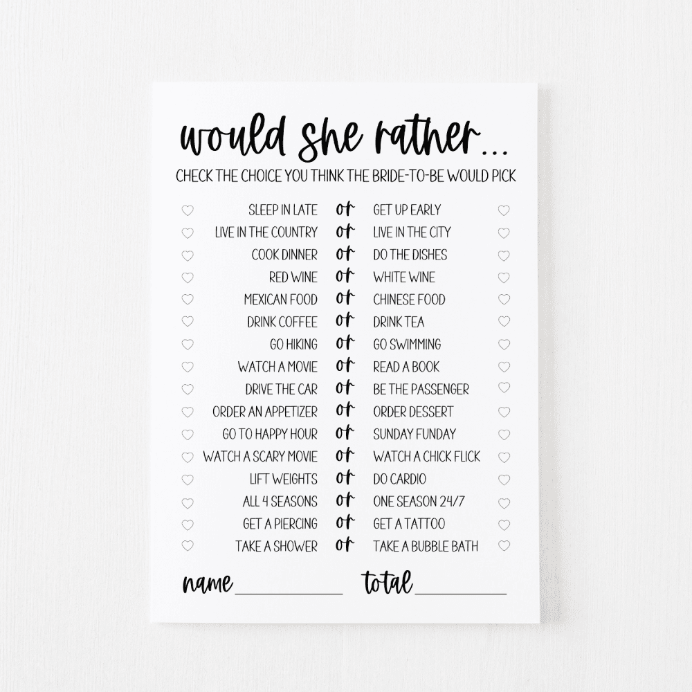 Would She Rather Bridal Shower Game Free Printable | Modern MOH