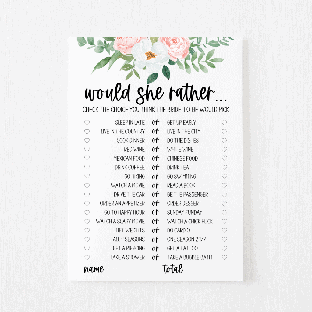 Would She Rather Bridal Shower Game Free Printable | Modern MOH