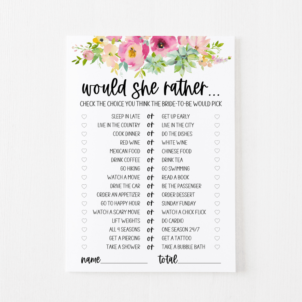 Would She Rather Bridal Shower Game Free Printable | Modern MOH