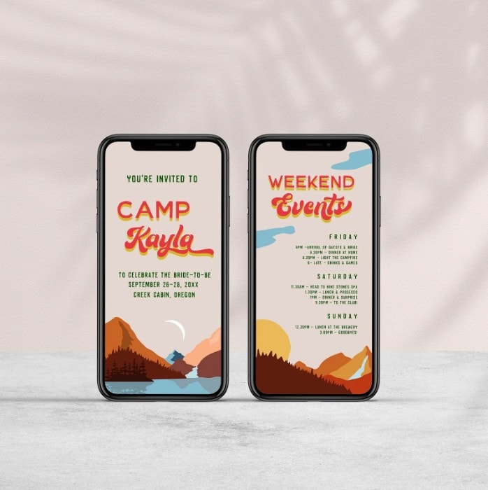 pine retro camp bachelorette party invitation