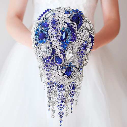 Cascading blue brooch bouquet without flowers