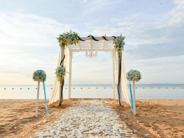 picture of a beach wedding and bridal shower for a destination wedding