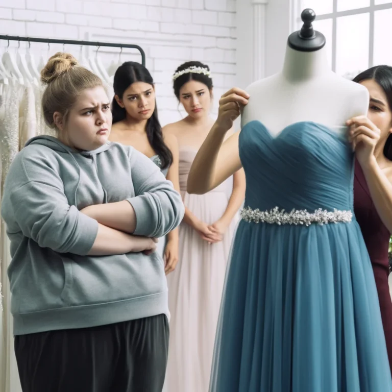 A bridal boutique scene showing a chubby bridesmaid, looking visibly upset and uncomfortable, staring at a bridesmaid dress