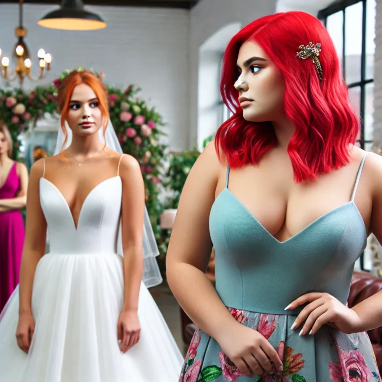 A plus-sized woman with bright red hair standing confidently in a bridesmaid dress