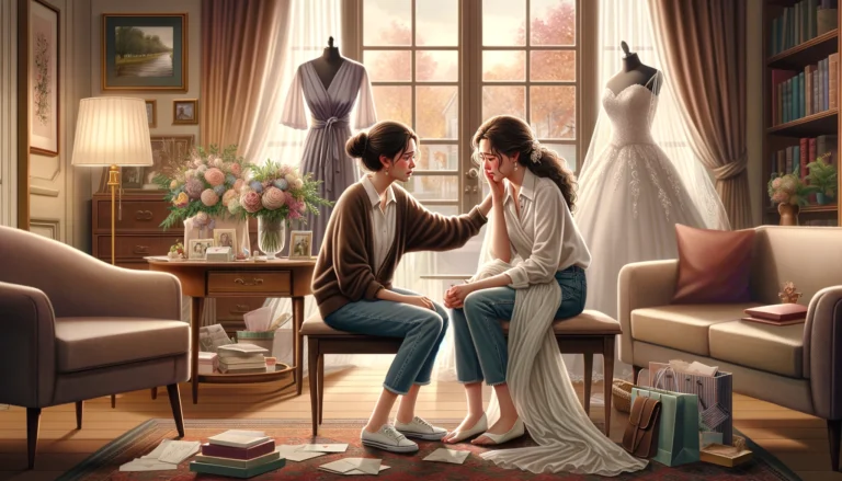A scene depicting a heartfelt moment between bridesmaids and the Maid of Honor.