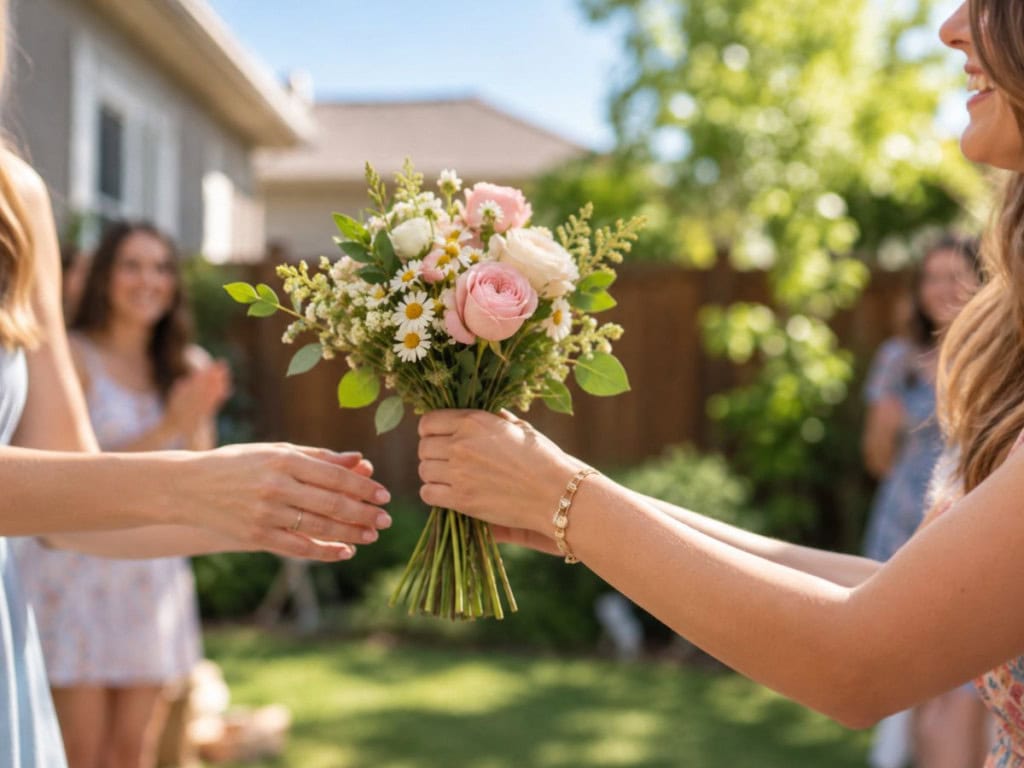 Image showing the bridal shower game pass the bouquet or musical bouquet being played at a garden shower.