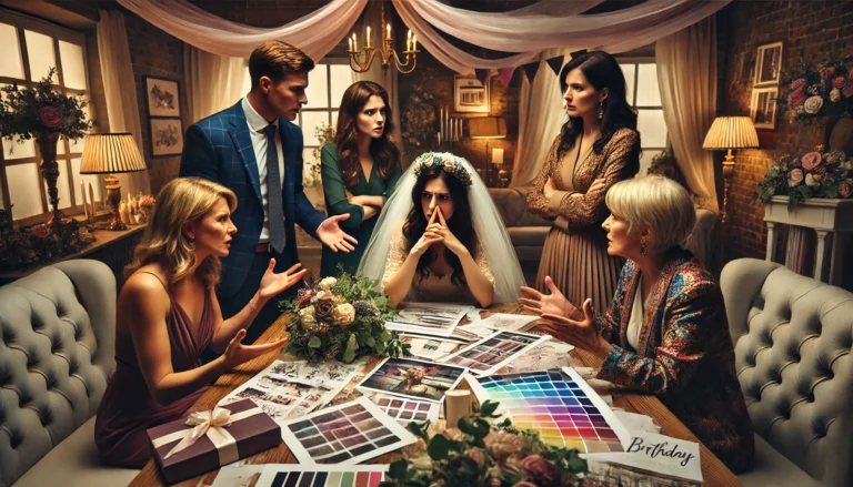 A dramatic and tense scene at a wedding planning meeting. The image shows five people in a heated discussion around a table covered with wedding plans