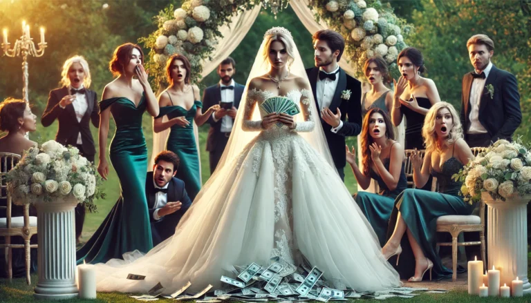 A dramatic scene at a luxurious wedding with a bride in an extravagant white gown and groom in a tuxedo, surrounded by lavish decorations.