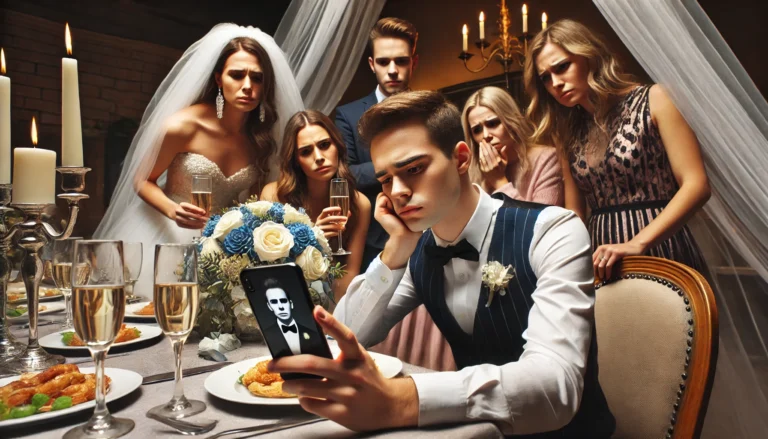 A dramatic scene at a wedding rehearsal dinner where a group of bridesmaids is looking at pre-transition photos of a transgender man on a phoneA dramatic scene at a wedding rehearsal dinner where a group of bridesmaids is looking at pre-transition photos of a transgender man on a phone.
