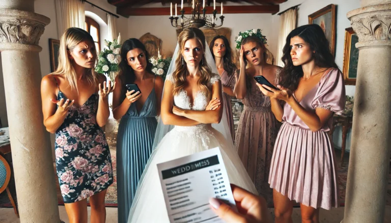 A group of bridesmaids looking stressed and frustrated in a luxurious villa, with the bride in the center looking demanding and bossy