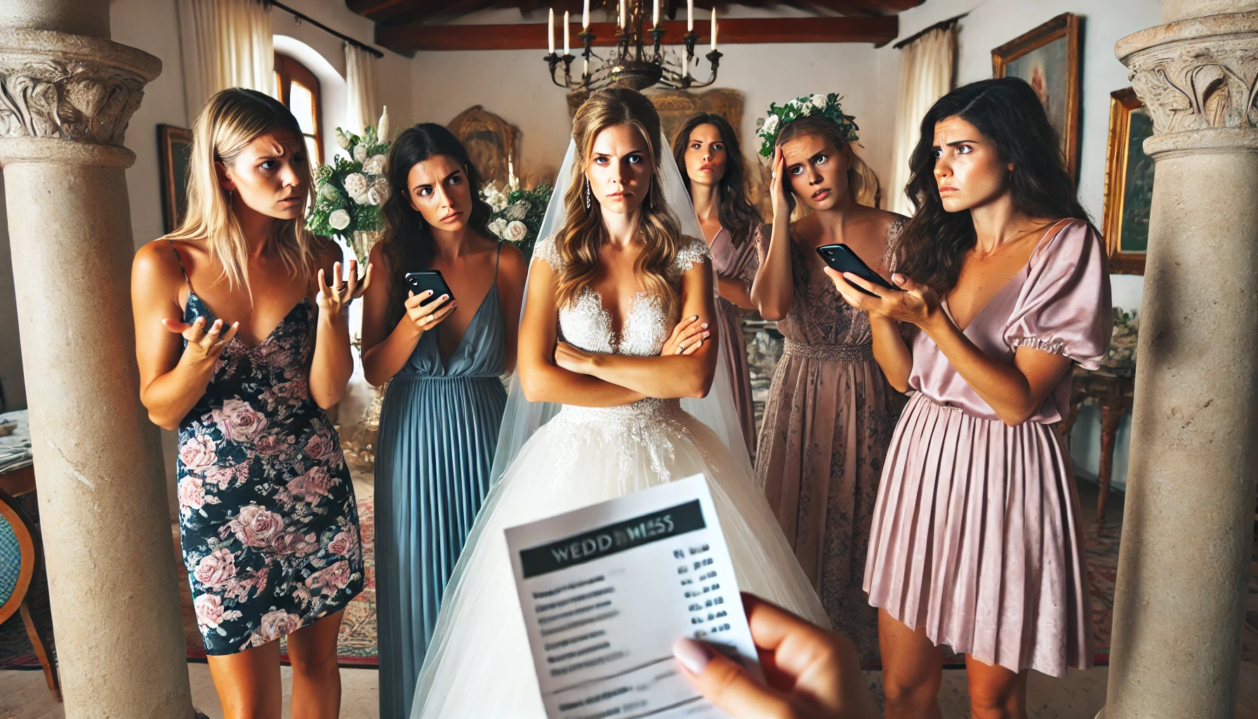 A group of bridesmaids looking stressed and frustrated in a luxurious villa, with the bride in the center looking demanding and bossy