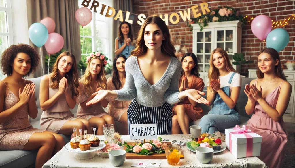 A group of women playing romantic comedy charades at a bridal shower. One woman is in front, acting out a charade, while the rest of the group watches and guesses