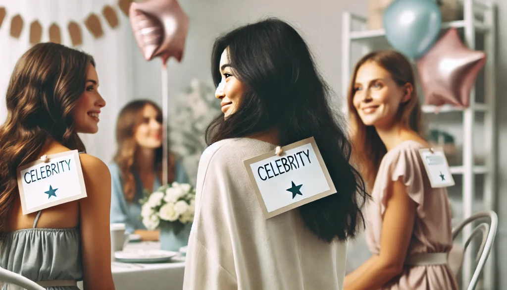 A minimalistic scene of a bridal shower with 2-3 women playing who am I celebrity edition game.