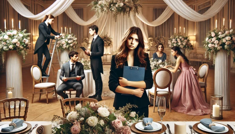 A stressed-out bridesmaid stands in a tastefully decorated wedding reception hall, her expression one of frustration and exhaustion