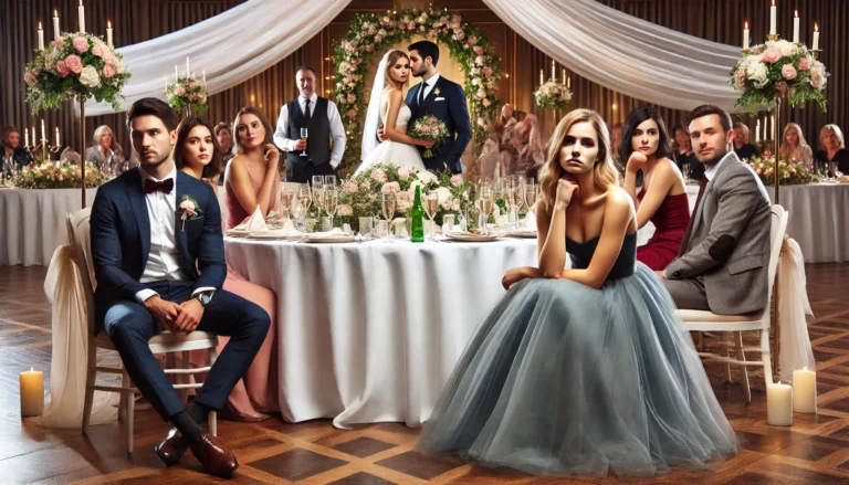 A wedding reception scene with a beautifully decorated venue